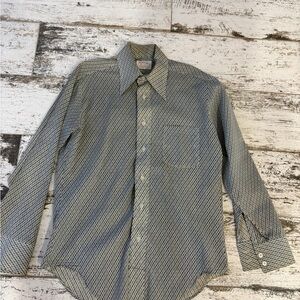 Men's Geometric Pattern Long-Sleeve Shirt - Gray/Blue Vintage 1970s